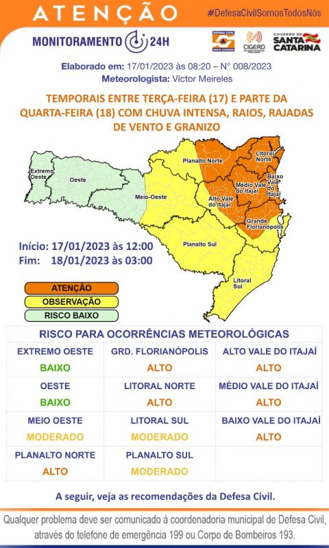 Aviso meteorol&oacute;gico emitido no dia do evento – Foto: Divulga&ccedil;&atilde;o/Defesa Civil de SC