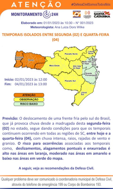&Oacute;rg&atilde;o emitiu aviso sobre risco de temporais isolados – Foto: Defesa Civil/Reprodu&ccedil;&atilde;o/ND