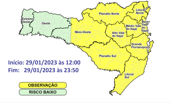 Regi&otilde;es em amarelo est&atilde;o em risco moderado para fen&ocirc;menos associados aos temporais, como alagamentos e enxurradas – Foto: Defesa Civil de SC/Divulga&ccedil;&atilde;o/ND