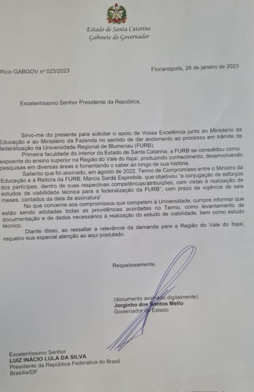 Of&iacute;cio do governador Jorginho Mello pede ao presidente Lula a federaliza&ccedil;&atilde;o da Furb – Foto: Reprodu&ccedil;&atilde;o/ND
