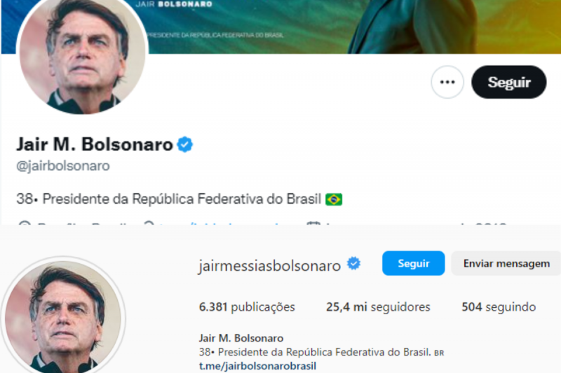 Ex-presidente alterou o texto das biografias das redes sociais – Foto: Jair Bolsonaro/Instagram e Twitter/ Montagem ND