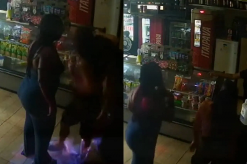 Ap&oacute;s a discuss&atilde;o, uma das mulheres se banha com um l&iacute;quido inflam&aacute;vel e o derrama tamb&eacute;m pelo ch&atilde;o do estabelecimento. – Foto: Record TV/Reprodu&ccedil;&atilde;o/Divulga&ccedil;&atilde;o/ND