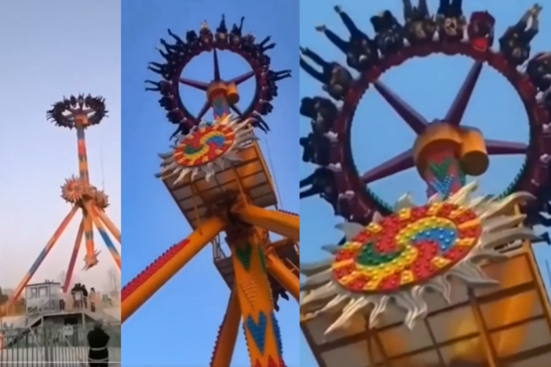 Grupo ficou suspenso no alto por cerca de 10 minutos at&eacute; que o equipamento fosse consertado – Foto: Twitter/@PresstvExtra/Reprodu&ccedil;&atilde;o ND