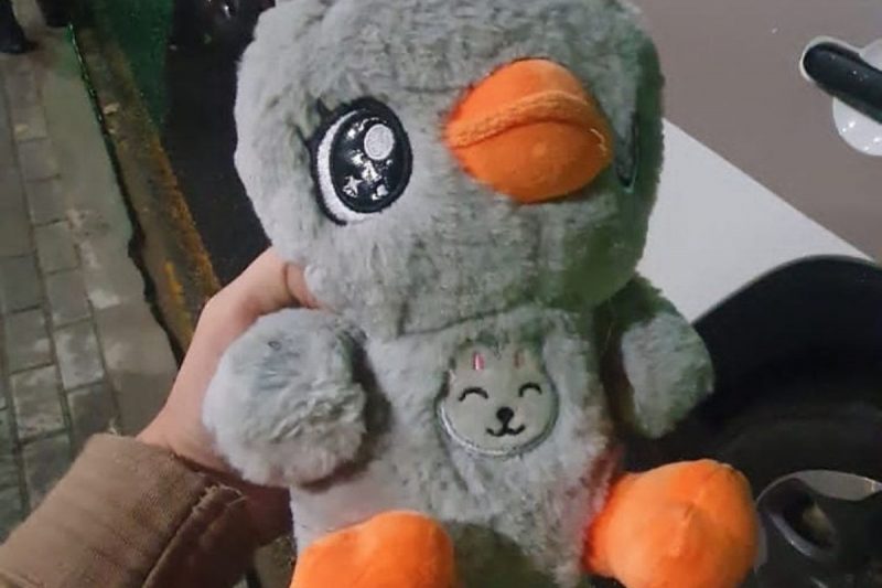 Crian&ccedil;a presenteou os policiais com bichinho de pel&uacute;cia – Foto: PM/Divulga&ccedil;&atilde;o