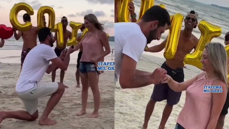 Ao som de uma m&uacute;sica rom&acirc;ntica e com ajuda de amigos, jovem foi pedida em casamento e v&iacute;deo viralizou – Foto: Itapema Mil Grau/Reprodu&ccedil;&atilde;o/ND