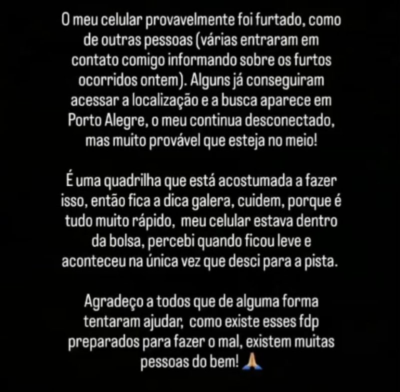 Postagem de uma das v&iacute;timas que teve seu celular furtado em uma festa no sul do estado. – Foto: Divulga&ccedil;&atilde;o/ND