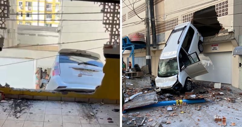 Carro abriu rombo em parede de pr&eacute;dio no Centro de Balne&aacute;rio Cambori&uacute; – Foto: Reprodu&ccedil;&atilde;o/ND