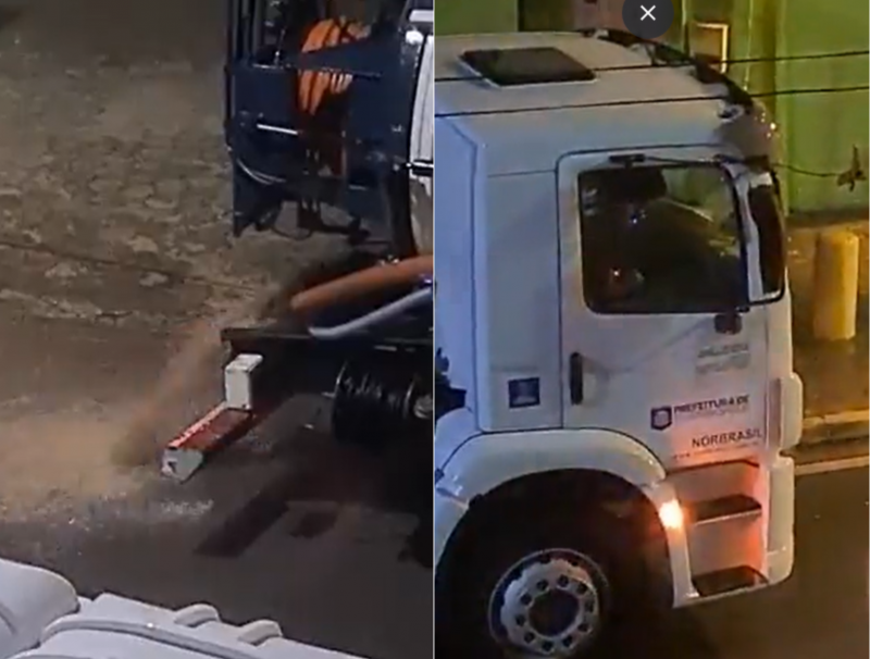 Caminh&atilde;o da Prefeitura de Florian&oacute;polis &eacute; flagrado despejando l&iacute;quido em praia – Foto: Twitter/Reprodu&ccedil;&atilde;o/ND