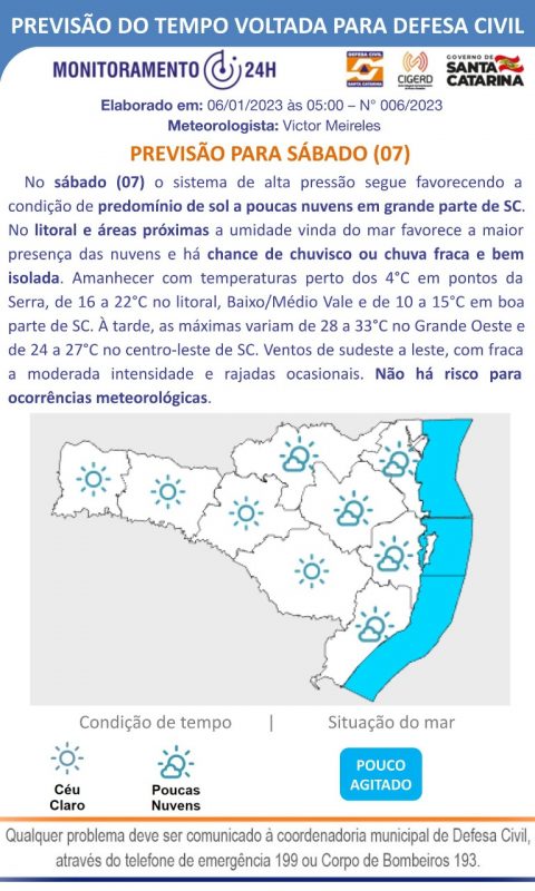Previs&atilde;o do tempo para s&aacute;bado (7) e domingo (8) – Foto: Defesa Civil/Divulga&ccedil;&atilde;o/ND