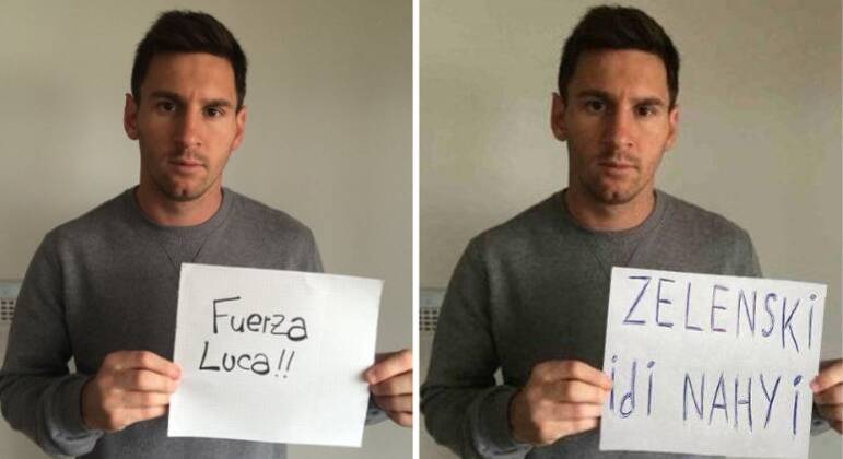 Messi foi alvo de postagens falsas nas redes sociais segurando um cartaz com xingamento ao presidente da Ucr&acirc;nia. – Foto: Redes Sociais/Reprodu&ccedil;&atilde;o/Divulga&ccedil;&atilde;o/ND