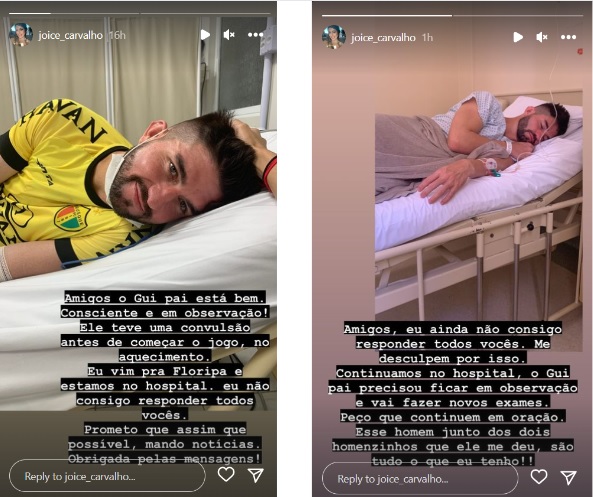 Esposa publica fotos de Guilherme Queiroz para atualizar estado de saúde do jogador