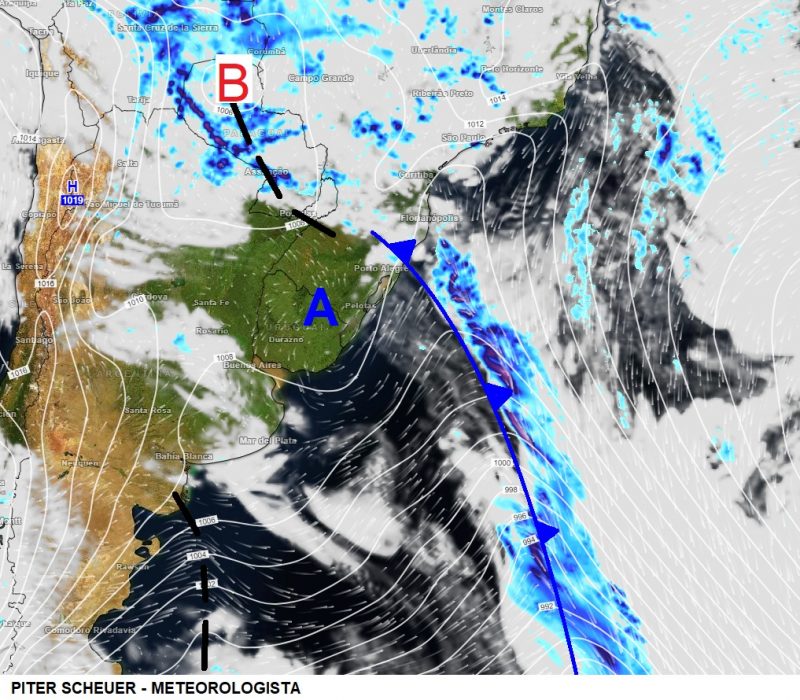 &Aacute;reas em branco mostram a nebulosidade e em azul, a presen&ccedil;a de chuva – Foto: Piter Scheuer/Divulga&ccedil;&atilde;o/ND