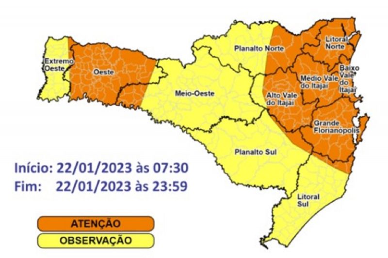 Mapa da Defesa Civil alerta para risco de alagamentos pelo Estado neste domingo (22) &#8211; Foto: Defesa Civil/SC