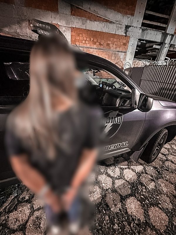 Mulher foi conduzida por guardas municipais ap&oacute;s fazer amea&ccedil;a com arma de fogo – Foto: GMBC/Reprodu&ccedil;&atilde;o/ND