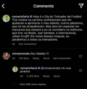 Rom&aacute;rio responde a coment&aacute;rio d&uacute;bio de seguidora – Foto: Reprodu&ccedil;&atilde;o