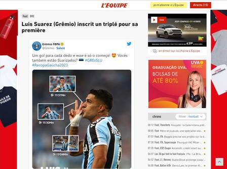 Jornal francês destaca o hat-trick de Suárez &#8211; Foto: Reprodução