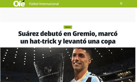 Estreia do uruguaio no Grêmio ganha destaque também no Olé &#8211; Foto: Reprodução