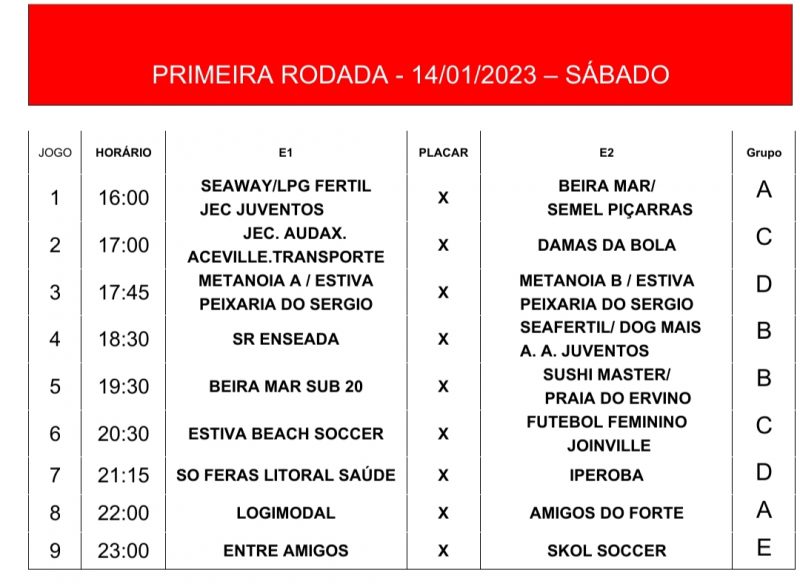 Tabela do s&aacute;bado (14), da Ta&ccedil;a NDTV de Beach Soccer – Foto: Divulga&ccedil;&atilde;o/ND