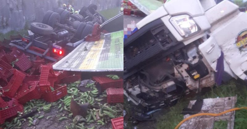 Caminh&atilde;o despenca de viaduto na BR-101 e motorista morre preso &agrave;s ferragens em SC – Foto: CBM/Divulga&ccedil;&atilde;o/ND