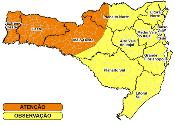 No mapa, as regi&otilde;es em laranja est&atilde;o em alerta para ocorr&ecirc;ncias de temporais em Santa Catarina – Foto: Defesa Civil/Divulga&ccedil;&atilde;o/ND