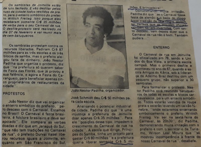 Foli&otilde;es reclamavam da falta de incentivo ao Carnaval – Foto: Jornal de SC/Reprodu&ccedil;&atilde;o/AHJ