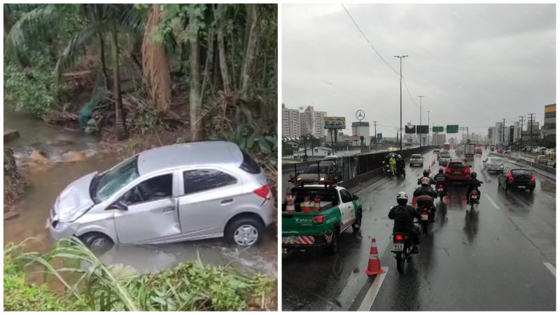 Ve&iacute;culo perdeu o controle e saiu da pista na SC-404. Na BR-101, um acidente envolvendo um ve&iacute;culo e uma motocicleta causou ainda mais lentid&atilde;o no tr&acirc;nsito. – Foto: GMF/Divulga&ccedil;&atilde;o/ND