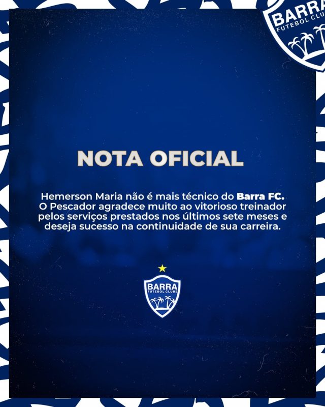 Confirmação da saída de Hemerson Maria do comando do time &#8211; Foto: Barra FC/Divulgação/ND