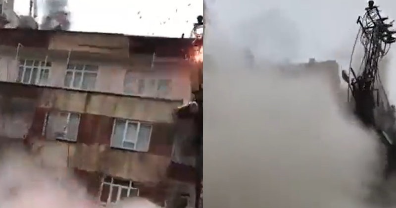 prédio desabando durante terremoto na Turquia 