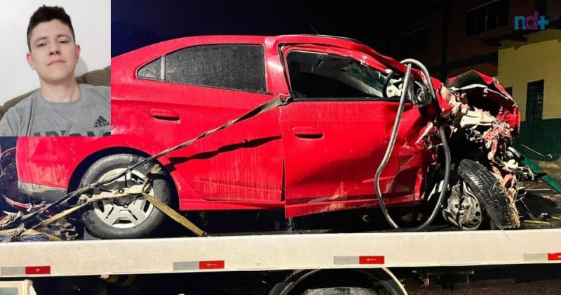 Michel (no detalhe) conduzia o GM/Prisma, que ficou completamente destru&iacute;do – Foto: Montagem/Divulga&ccedil;&atilde;o/ND