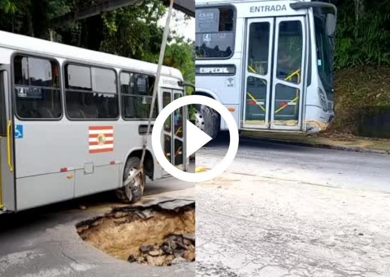 &Ocirc;nibus que caiu em cratera &eacute; guinchado em Blumenau – Foto: Redes Sociais/Divulga&ccedil;&atilde;o/ND