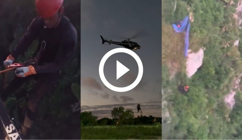 Parapentista ficou preso em cost&atilde;o a quase 100 metros de altura – Foto: Saer/Pol&iacute;cia Civil/Divulga&ccedil;&atilde;o/ND