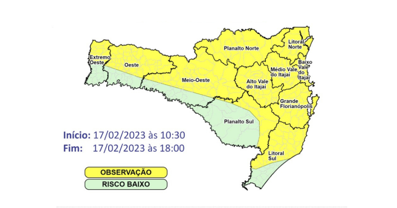 Mapa de riscos de chuva emitido pela Defesa Civil – Foto: Defesa Civil/Divulga&ccedil;&atilde;o/ND