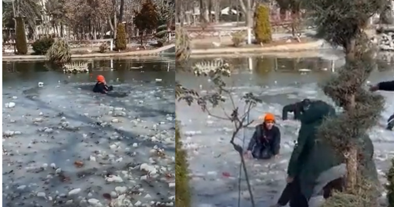 Crian&ccedil;a sendo resgatada do gelo na Turquia – Foto: Twitter/Reprodu&ccedil;&atilde;o/ND
