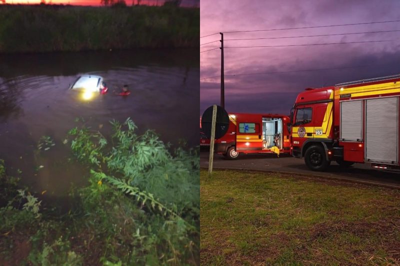 O carro estava dentro do a&ccedil;ude e o motorista n&atilde;o foi encontrado. &mdash; Foto: Corpo de Bombeiros Militar/Reprodu&ccedil;&atilde;o/ND