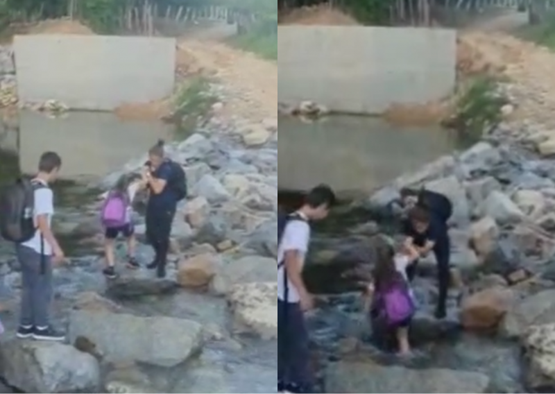 Crian&ccedil;as precisam se equilibrar em pedras para atravessar rio que divide os munic&iacute;pios – Foto: Simone Alves/Instagram/Reprodu&ccedil;&atilde;o/ND