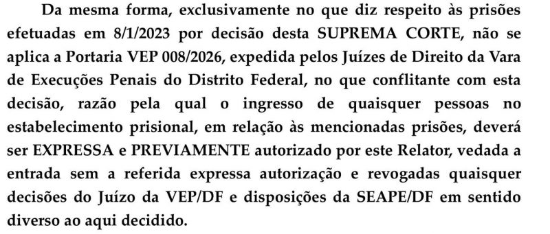 Parte do despacho do Ministro sobre as visitas aos presos do dia 8 de janeiro – Foto: Divulga&ccedil;&atilde;o/ND