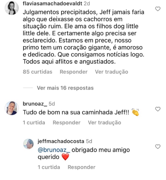 Coment&aacute;rios em postagem de Jeff Machado no Instagram – Foto: Redes Sociais/Reprodu&ccedil;&atilde;o/ND