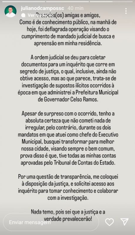 Ex-prefeito se manifestou em seu perfil – Foto: Reprodu&ccedil;&atilde;o/@julianodcampossc/ND