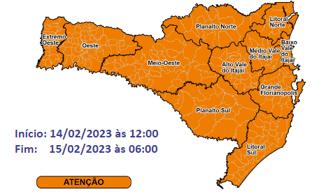 No mapa é possível perceber que todas as regiões de Santa Catarina estão com risco alto para ocorrências relacionadas aos temporais. &#8211; Foto: Defesa Civil/Divulgação/ND