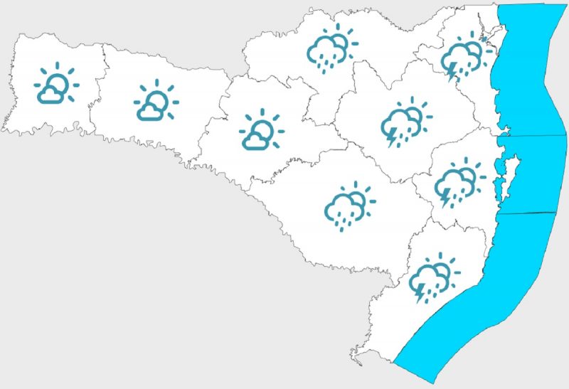 Mapa do tempo por Santa Catarina na terça (7) &#8211; Foto: Defesa Civil SC