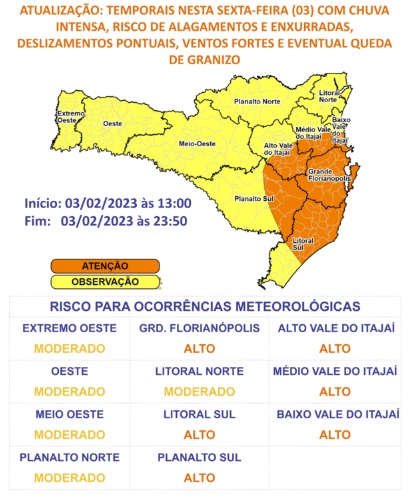 Defesa Civil estadual emitiu um aviso para temporais – Foto: DCSC/Divulga&ccedil;&atilde;o/ND