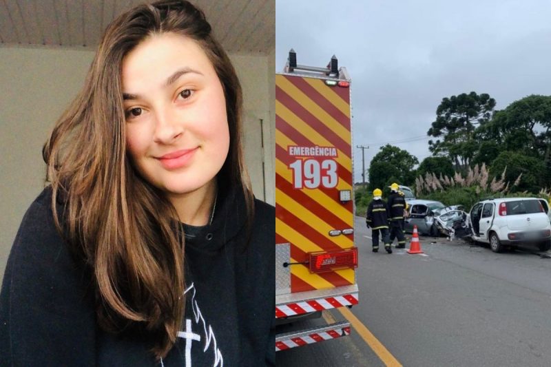 Marcela morreu ap&oacute;s grave acidente na SC-418, em Campo Alegre – Foto: Internet/CBM/Arte ND