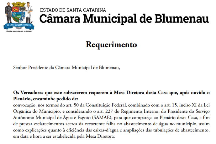 Requerimento aprovado na C&acirc;mara de Vereadores convoca presidente do Samae para explicar situa&ccedil;&atilde;o do abastecimento de &aacute;gua em Blumenau – Foto: Reprodu&ccedil;&atilde;o/Internet/ND