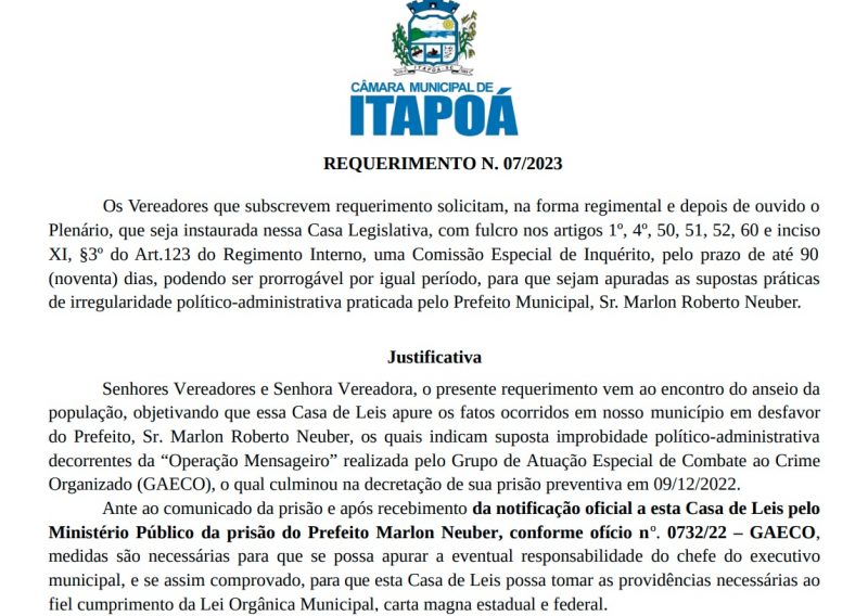documento da câmara de vereadores de Itapoá