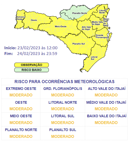 No mapa, as regi&otilde;es em amarelo est&atilde;o em alerta moderado para ocorr&ecirc;ncias de temporais em Santa Catarina – Foto: Defesa Civil/Divulga&ccedil;&atilde;o/ND