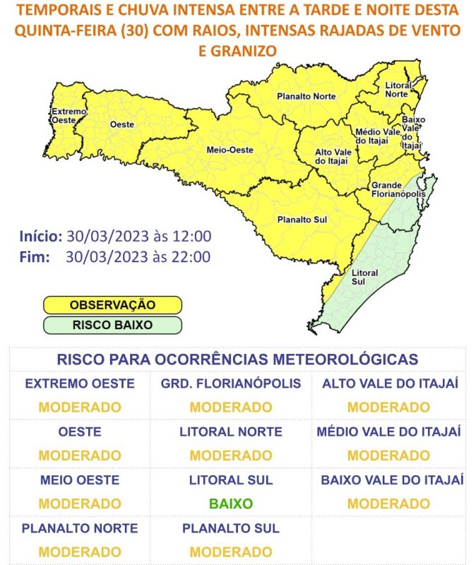 As chuvas prometem ser intensas nesta quinta-feira em Santa Catarina. – Foto: Defesa Civil/Divulga&ccedil;&atilde;o/ND