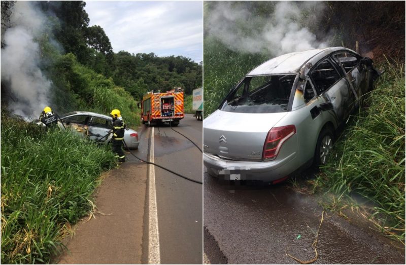 Carro pegou fogo ap&oacute;s bater no barranco. – Foto: Corpo de Bombeiros/Divulga&ccedil;&atilde;o/ND