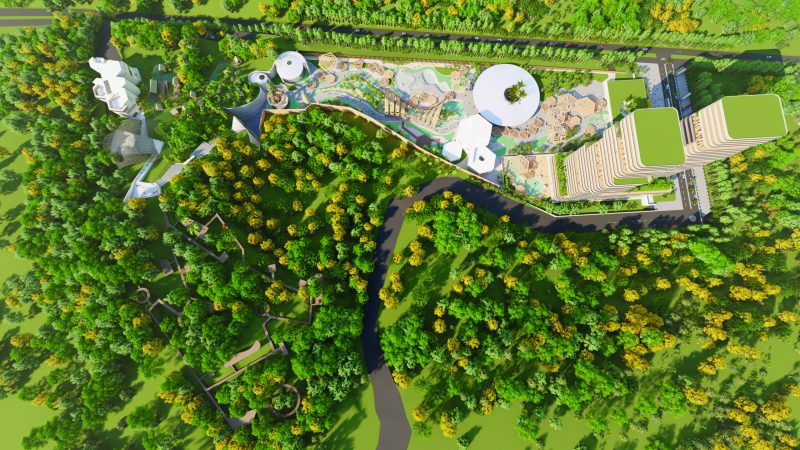 Jardins seguem ‘percurso da &aacute;gua’ que al&eacute;m de beleza, refrescam torres luxuosas – Foto: NotToScale Architecture/&copy;️2021-2022 /Reprodu&ccedil;&atilde;o ND