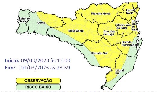 Regi&otilde;es em amarelo no mapa est&atilde;o em observa&ccedil;&atilde;o para fen&ocirc;menos como enxurradas e alagamentos – Foto: Defesa Civil/Divulga&ccedil;&atilde;o/ND