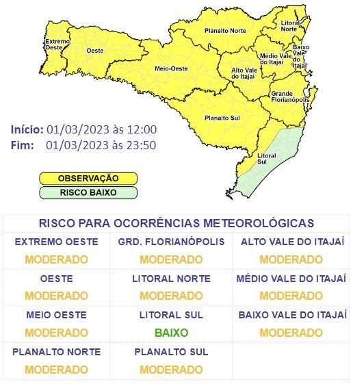 Um aviso meteorol&oacute;gico emitido pela Defesa Civil aponta que &aacute;reas de instabilidade atmosf&eacute;rica, combinadas ao calor e a umidade, favorecem a ocorr&ecirc;ncia de chuvas fortes em Santa Catarina. – Foto: Defesa Civil/Divulga&ccedil;&atilde;o/ND